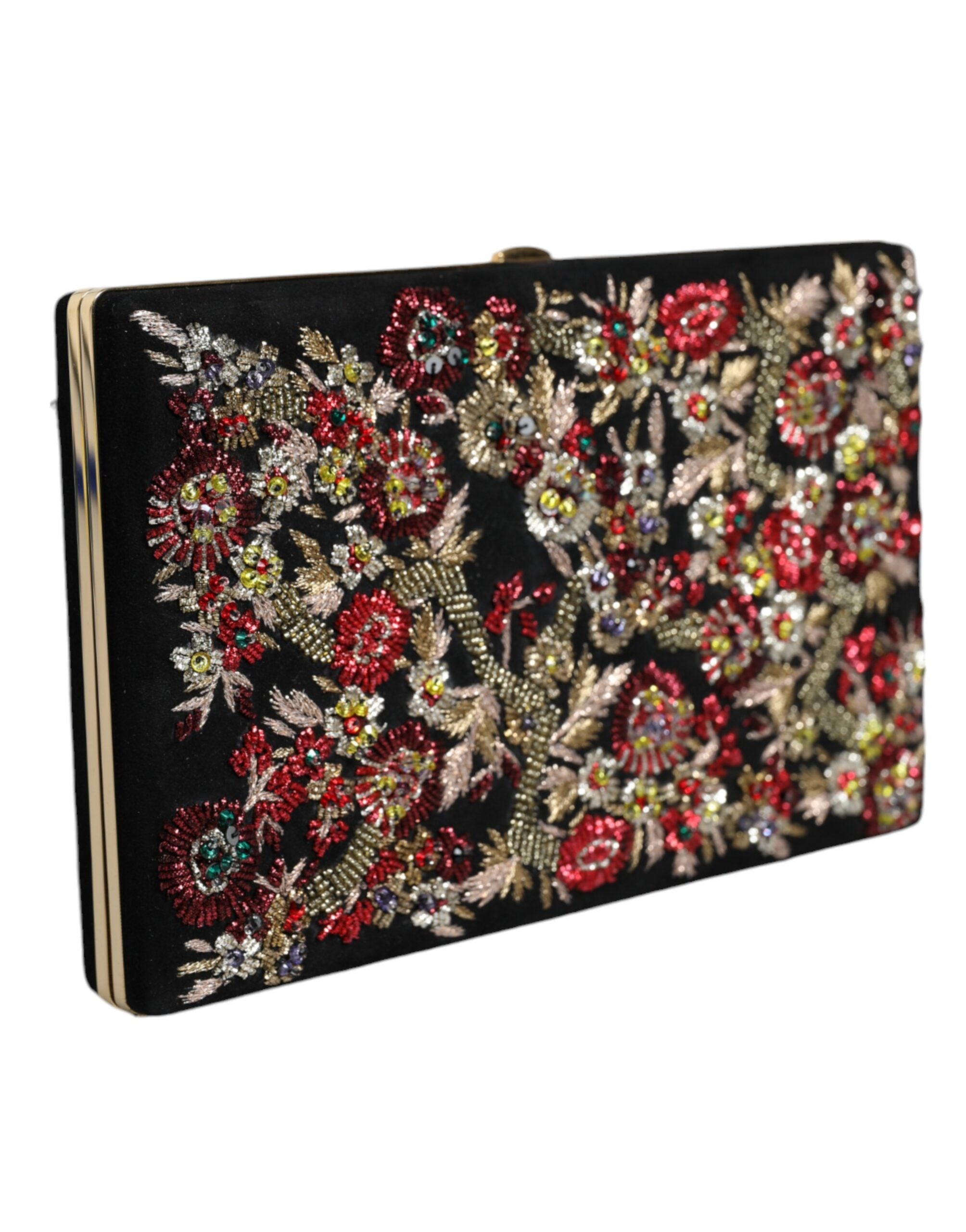 Multicolor floral Clutch purse with gold frame, Dolce & Gabbana evening bag featuring a vibrant floral design and elegant style.