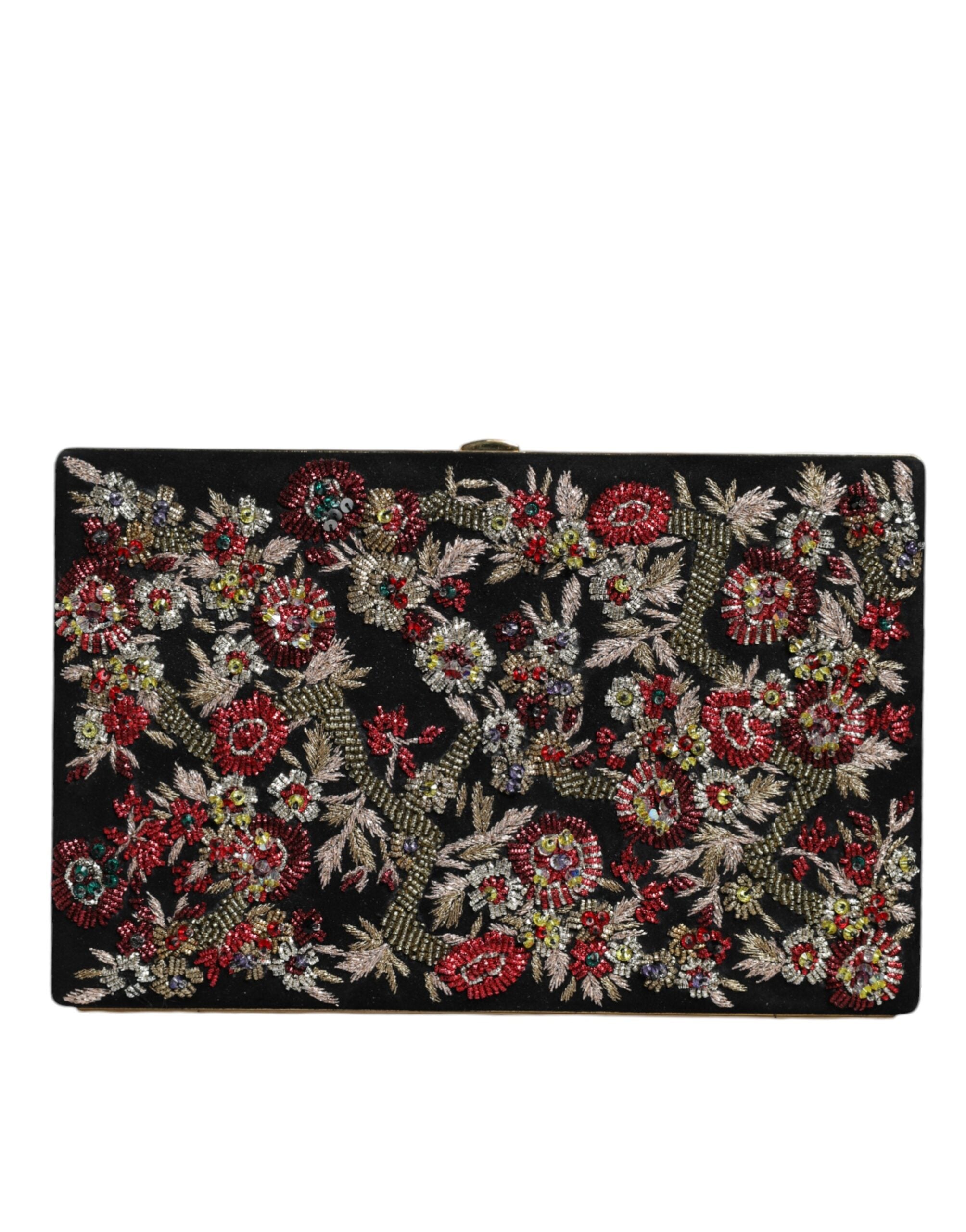 Multicolor floral gold frame clutch evening purse by Dolce & Gabbana with intricate floral design and elegant gold accents.