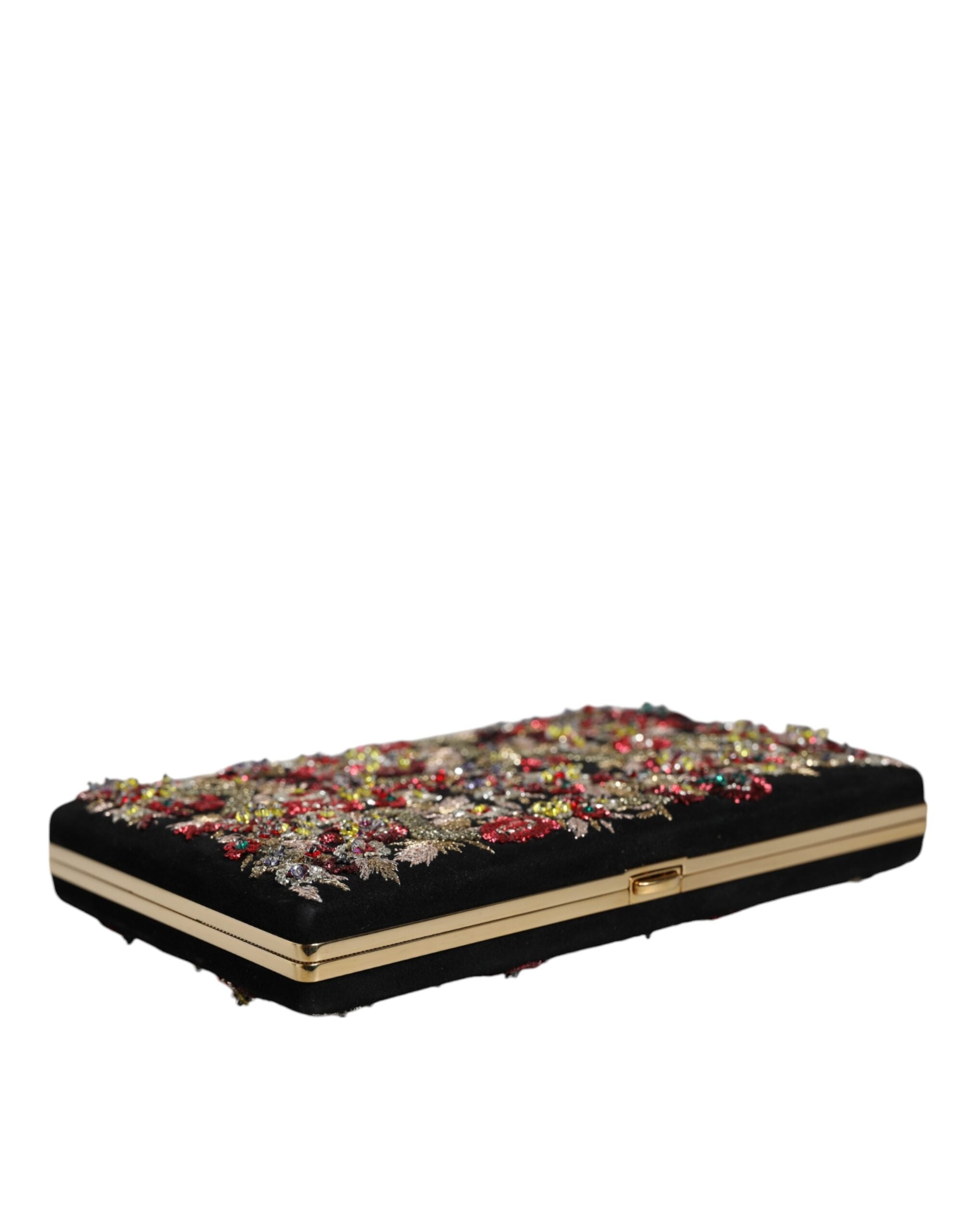 Multicolor floral pattern gold frame clutch evening purse by Dolce & Gabbana, featuring a vibrant floral design and elegant gold clasp.