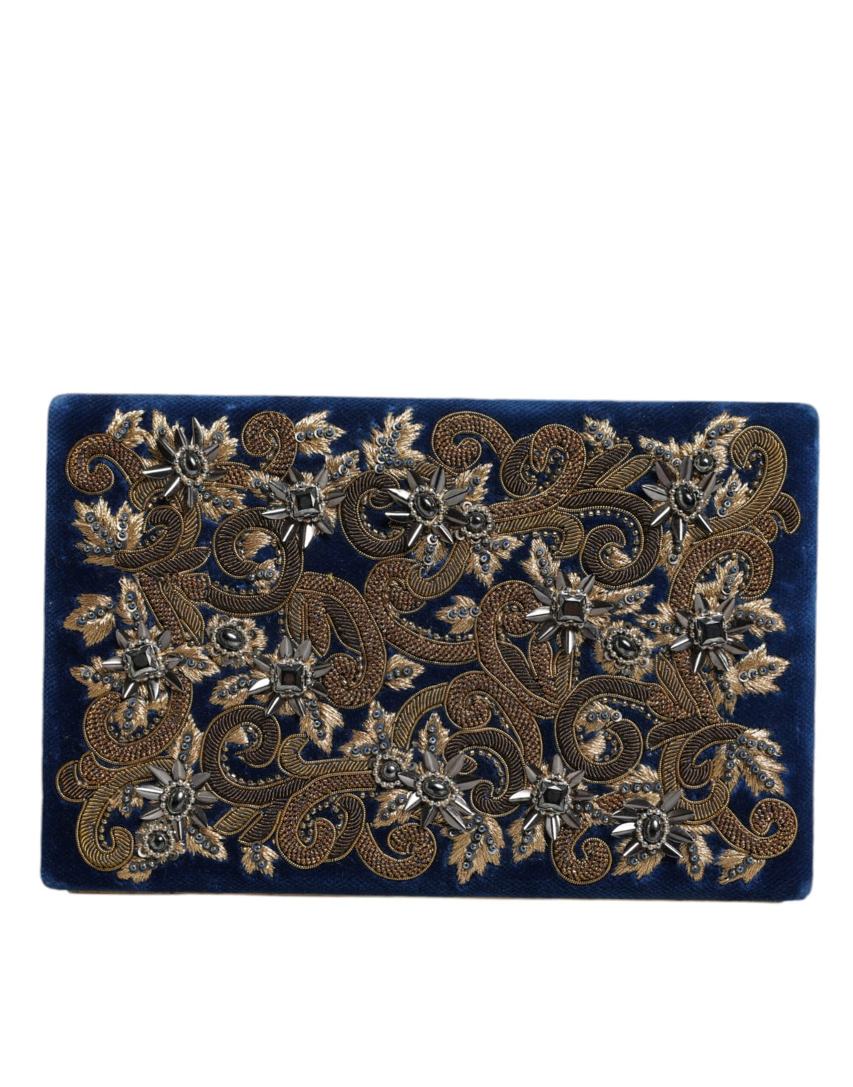 Blue velvet clutch purse with gold frame, evening party bag by Dolce & Gabbana, featuring a sleek, elegant design.