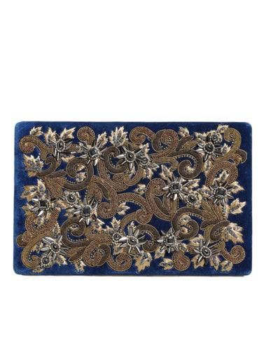 Blue velvet clutch purse with a gold frame, designed by Dolce & Gabbana, perfect for evening parties and elegant occasions.
