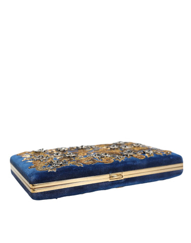 Blue velvet clutch purse with gold frame, elegant evening party bag by Dolce & Gabbana, featuring a sleek, sophisticated design.