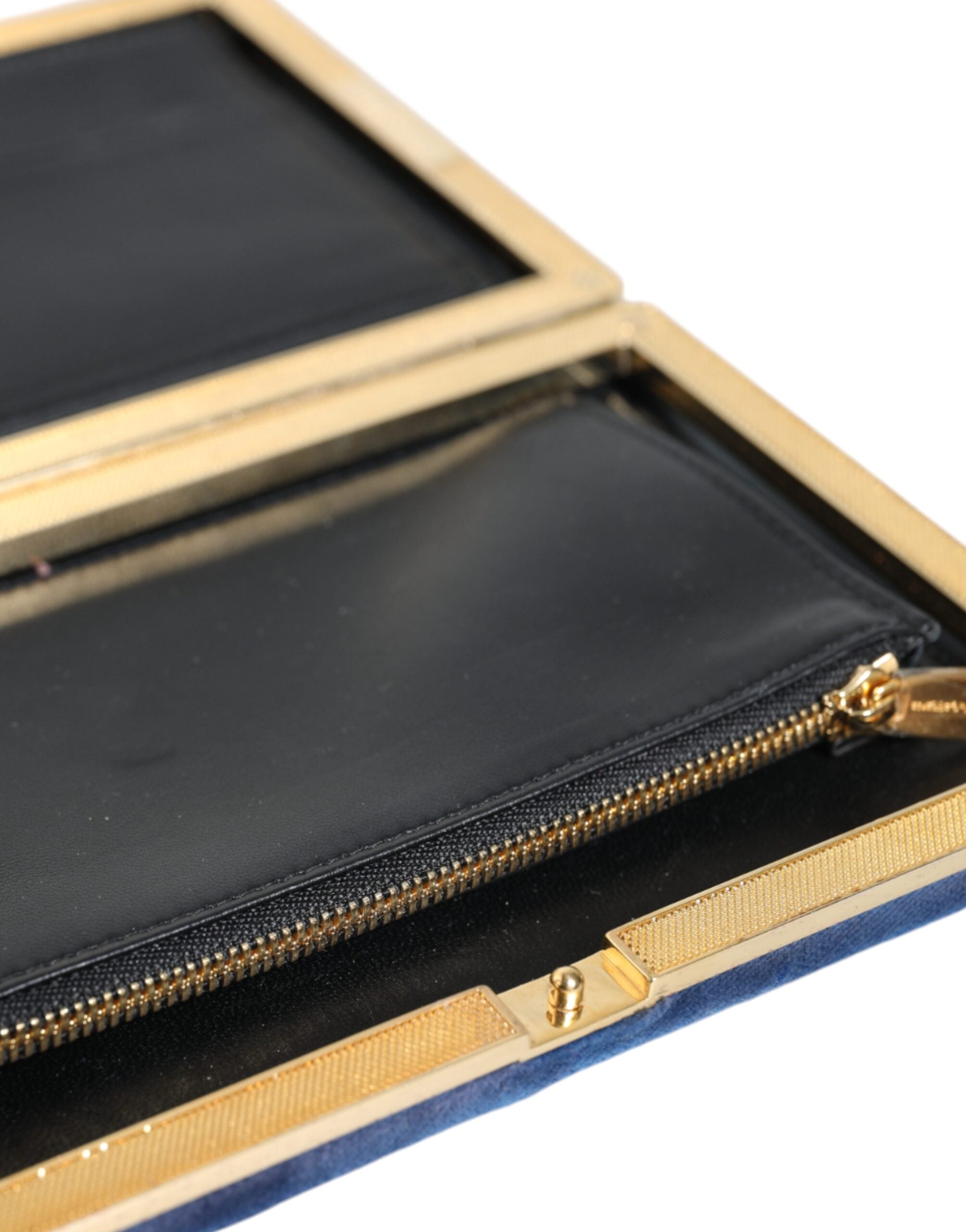 Blue velvet clutch purse with gold frame for evening parties, stylish Dolce & Gabbana party bag with elegant design.