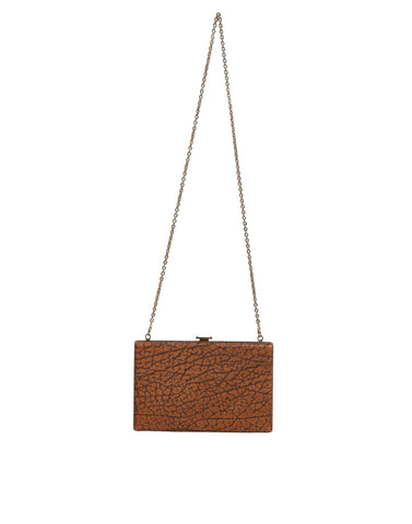 Brown leather mini crossbody clutch bag with gold frame, designed by Dolce & Gabbana, featuring a sleek and compact style.