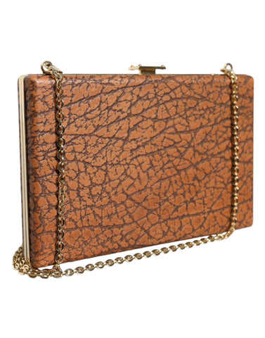 Brown leather Dolce & Gabbana clutch mini crossbody bag with gold frame and compact design, shown with the bag's exterior and strap.