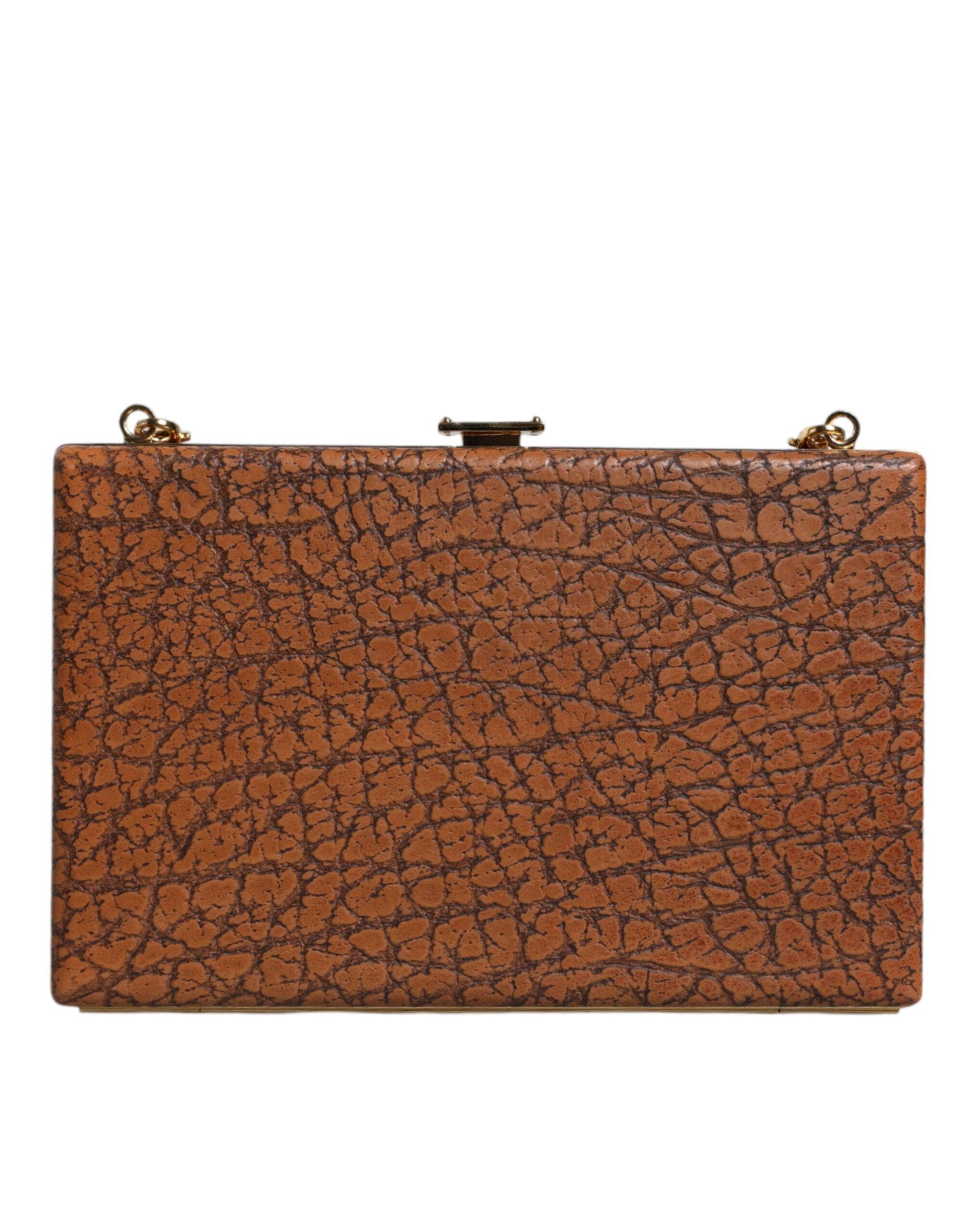 Brown leather Dolce & Gabbana clutch bag with gold frame, mini crossbody style, featuring sleek design and compact size.