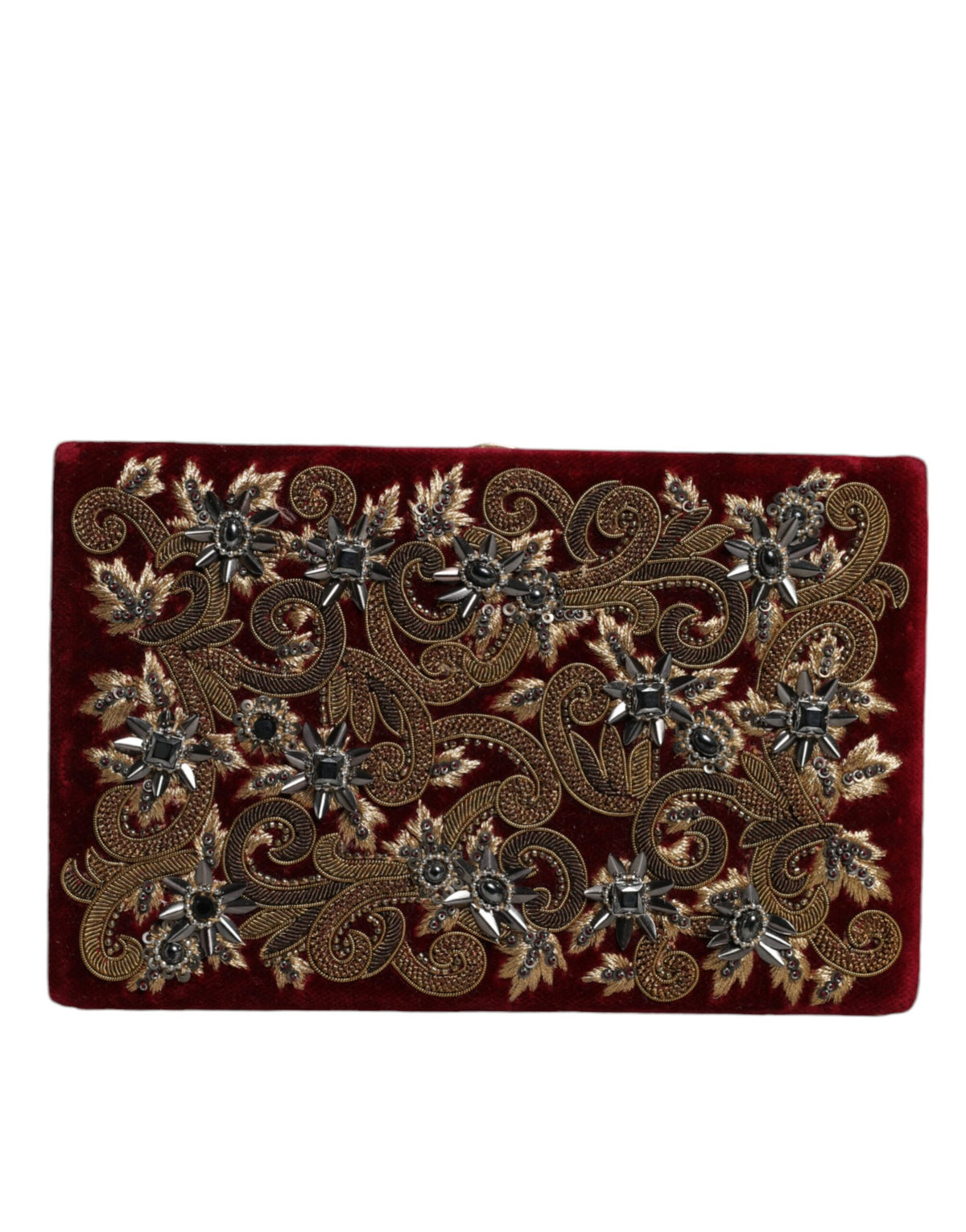 Red velvet clutch purse with gold frame, perfect for evening parties, by Dolce & Gabbana.