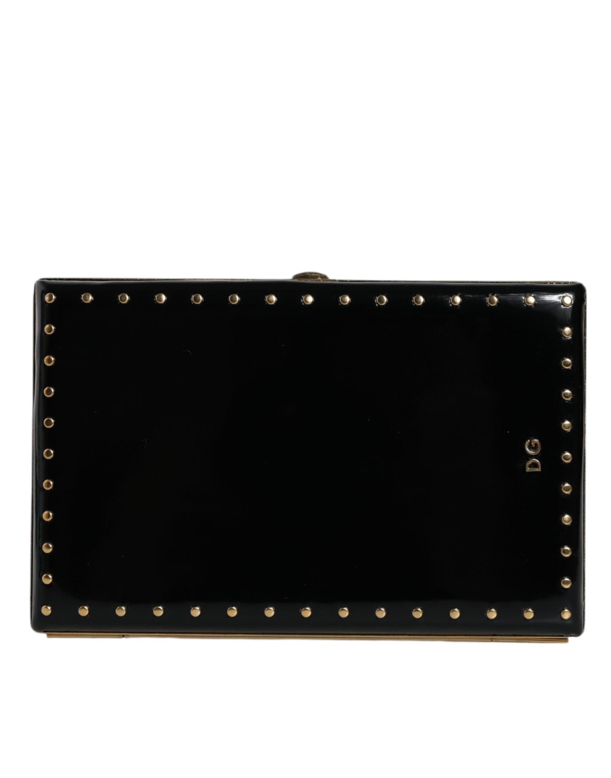 Black leather clutch purse with gold frame and stud accents, designed by Dolce & Gabbana, suitable for evening events.