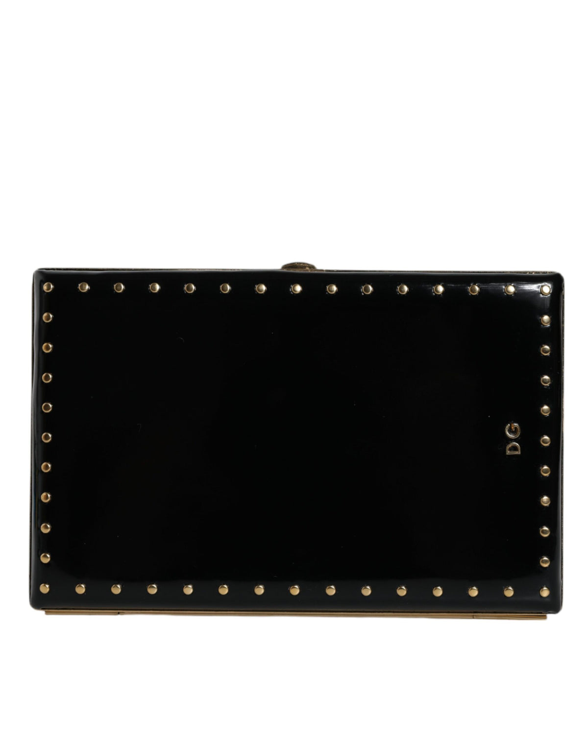 Black leather clutch purse with gold frame and stud accents, designed by Dolce & Gabbana, suitable for evening events.