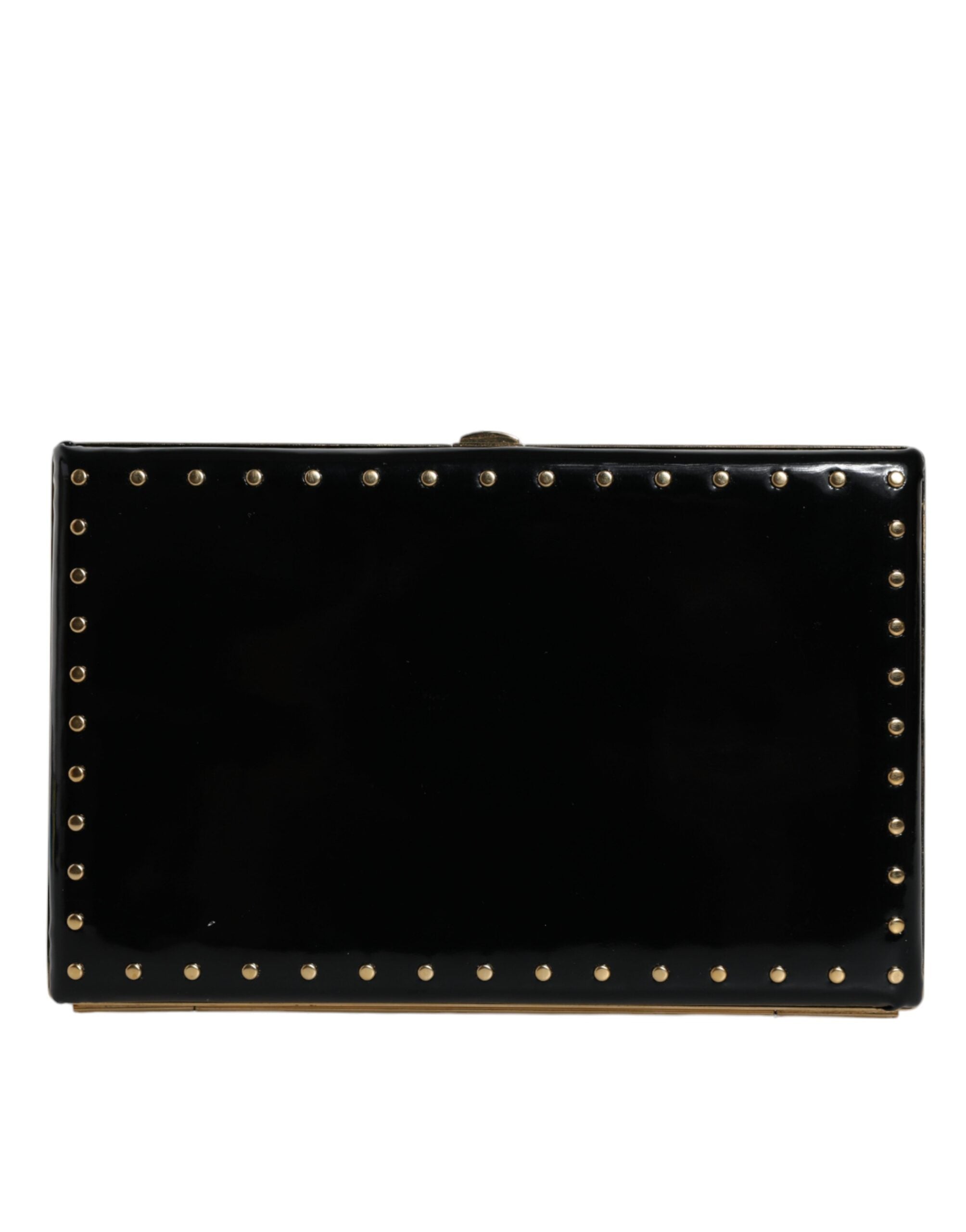Black leather clutch purse with gold frame and stud details, ideal for evening events, by Dolce & Gabbana.