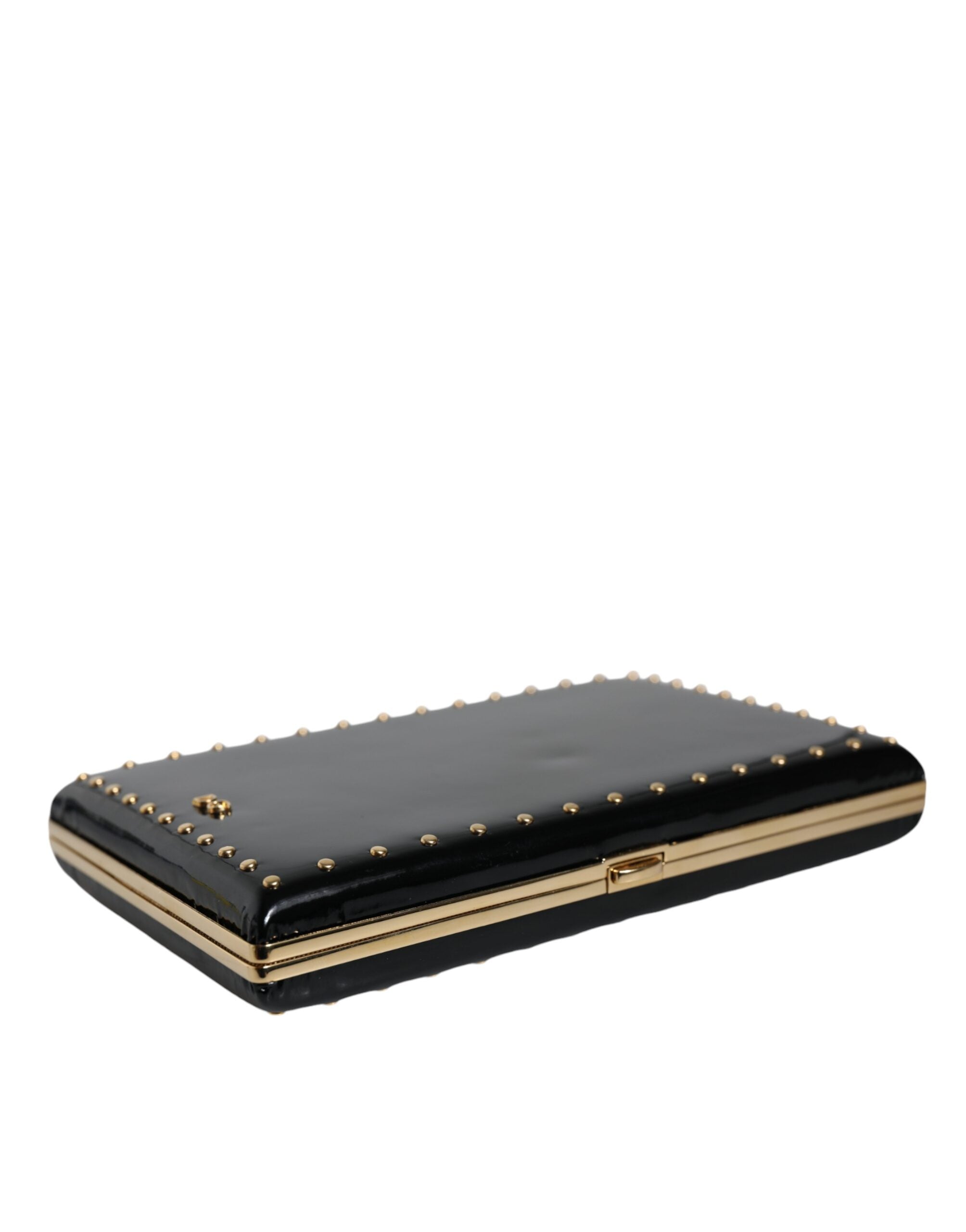 Black leather clutch purse with gold frame and stud accents, evening bag by Dolce & Gabbana, featuring a sleek, compact design.