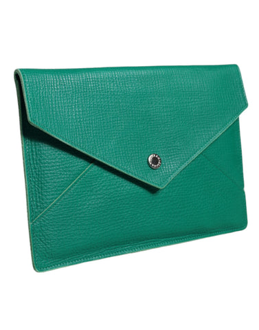 Green leather Dolce & Gabbana clutch handbag with mini purse and tablet pouch, featuring a sleek, compact design and elegant finish.