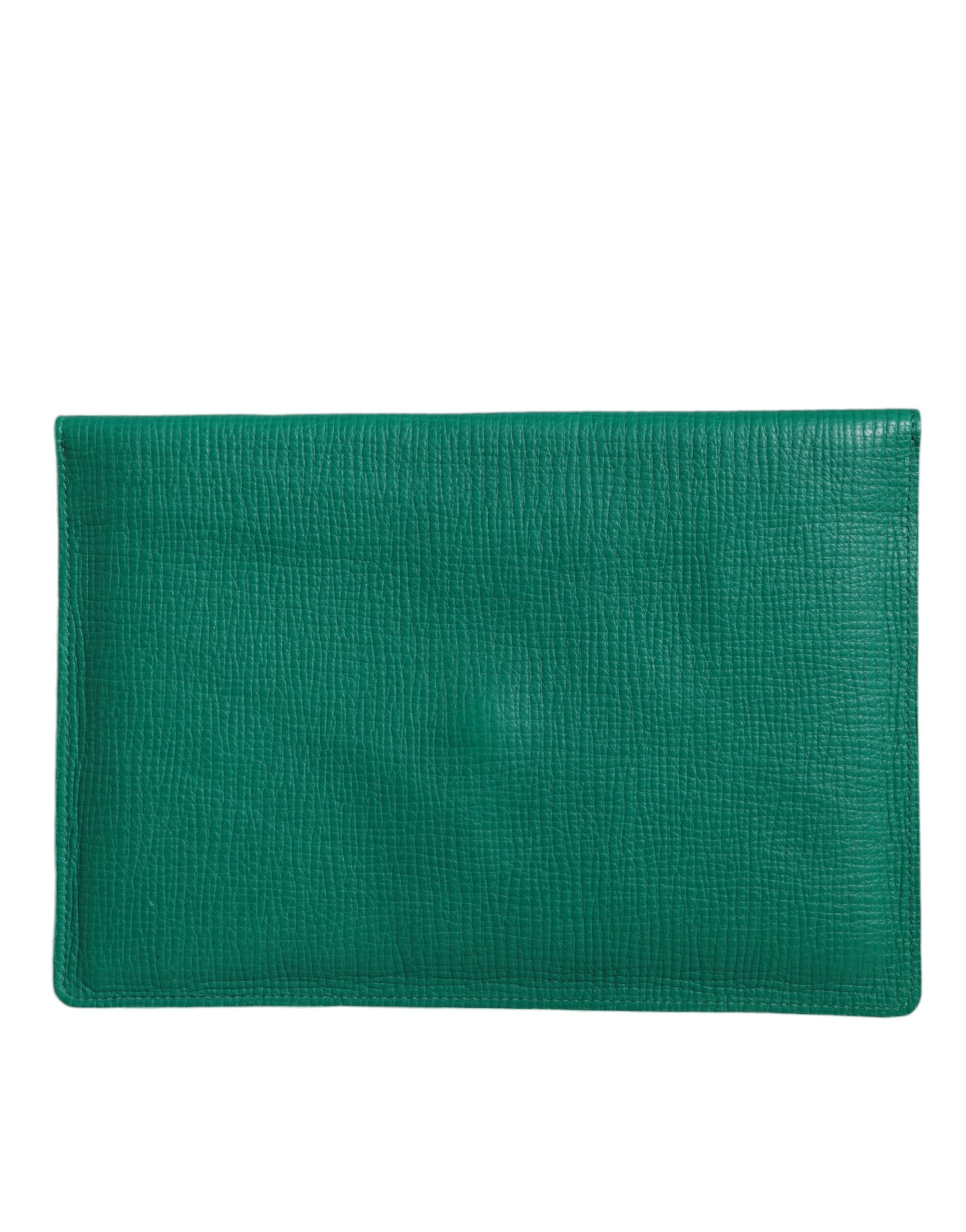 Green leather Dolce & Gabbana clutch mini purse and tablet pouch with sleek, compact design and gold-tone hardware.