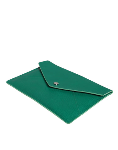 Green leather Dolce & Gabbana clutch handbag with mini purse and tablet pouch, featuring sleek design and compact size.