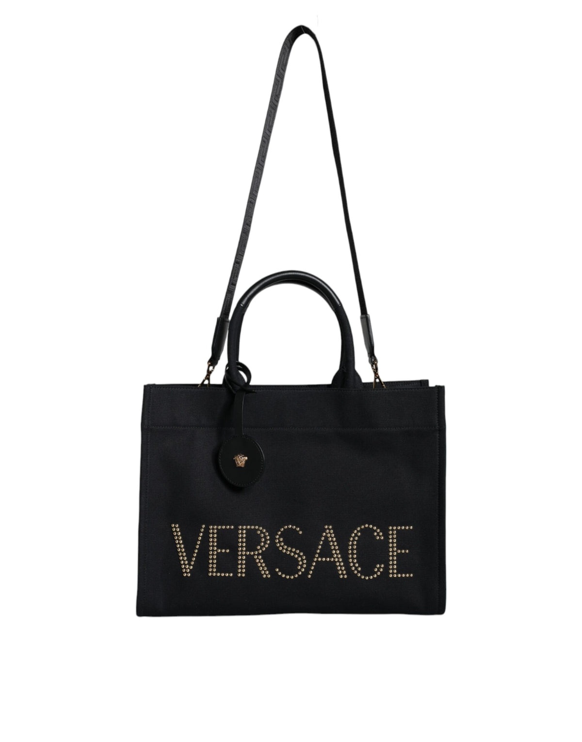 Versace black canvas and leather crossbody tote bag with top handle and logo detail, stylish and functional for everyday use.