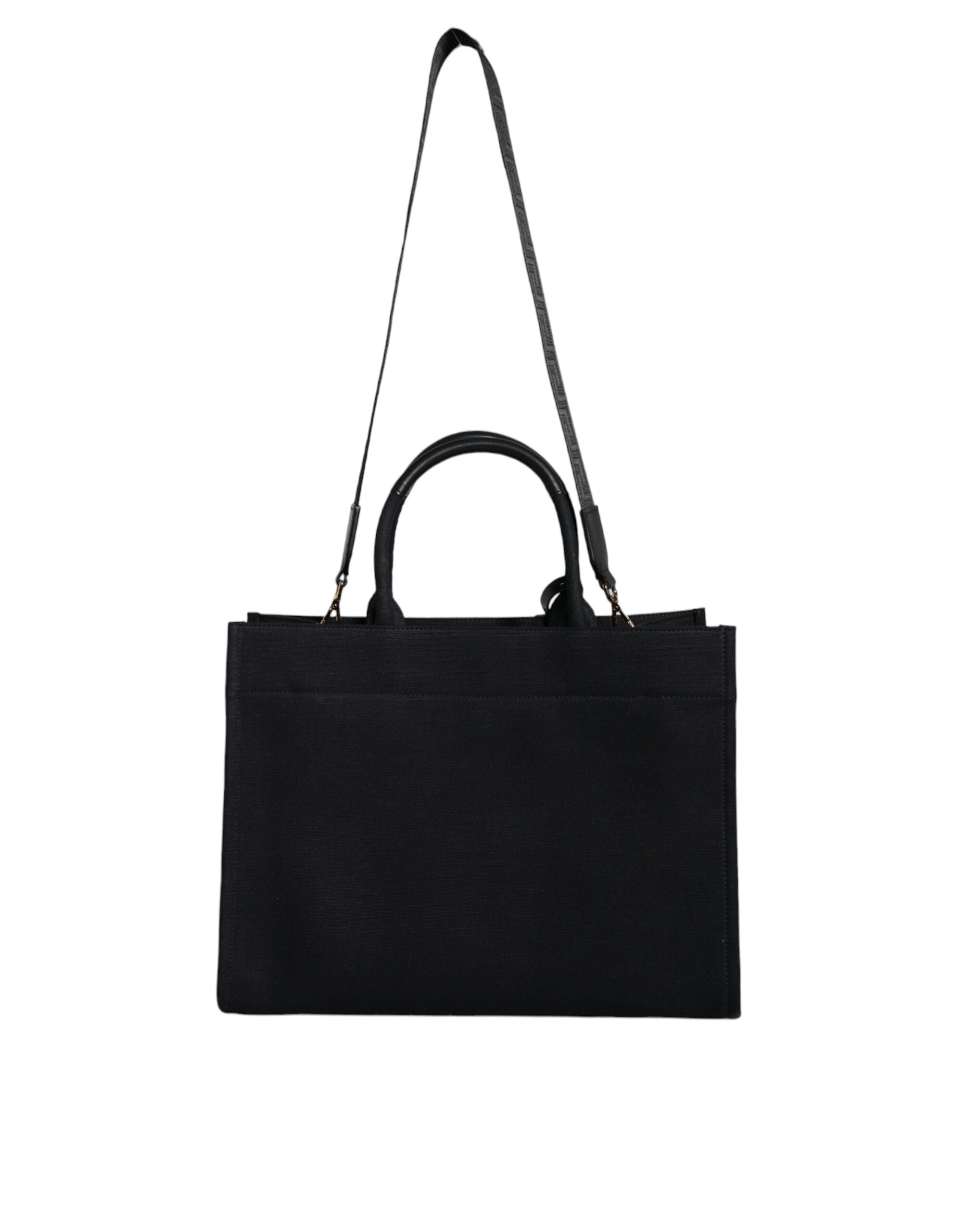 Versace black top handle canvas and leather crossbody tote bag with logo detail, versatile design and spacious interior.