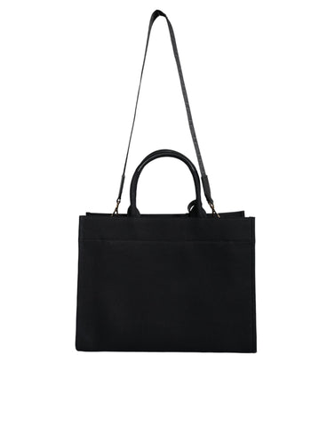 Versace black top handle canvas and leather crossbody tote bag with logo detail, versatile design and spacious interior.