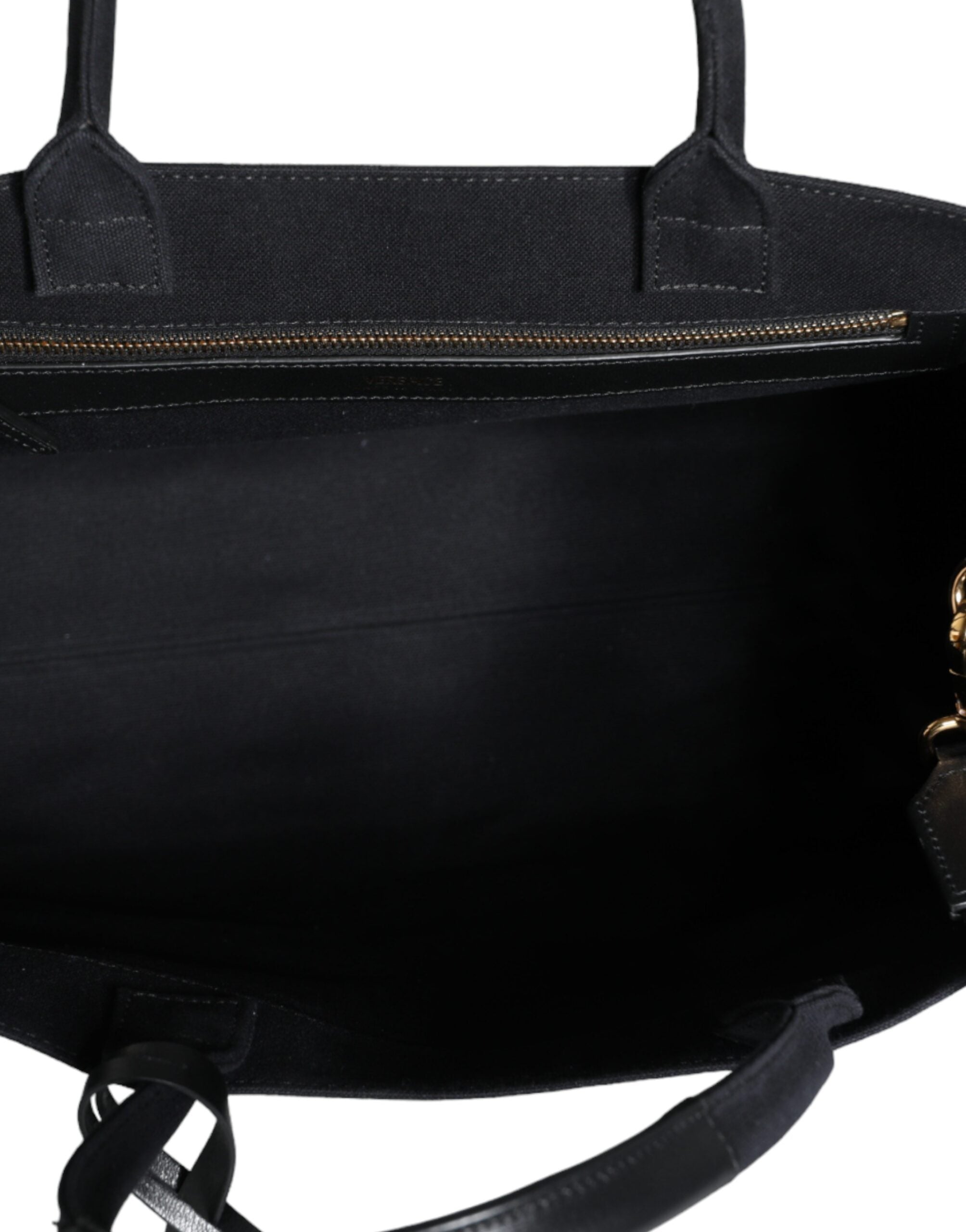 Versace black crossbody tote bag with top handle, canvas and leather construction, featuring the iconic logo.