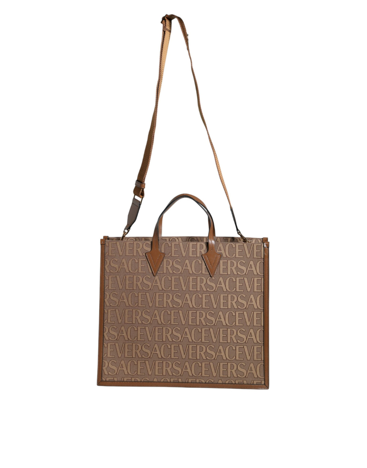 Brown Versace top handle jacquard leather crossbody tote bag with logo, featuring a structured design and elegant handles.