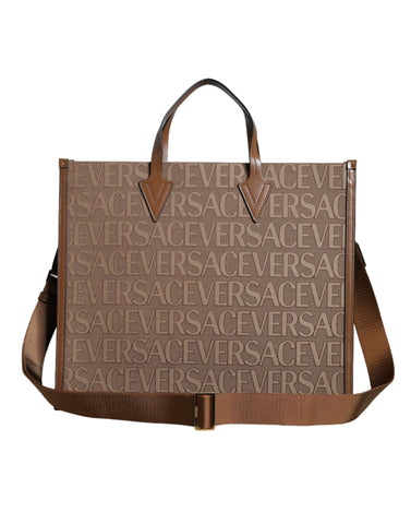 Versace brown top handle jacquard leather crossbody tote bag with logo detailing and sturdy handle, stylish and functional.