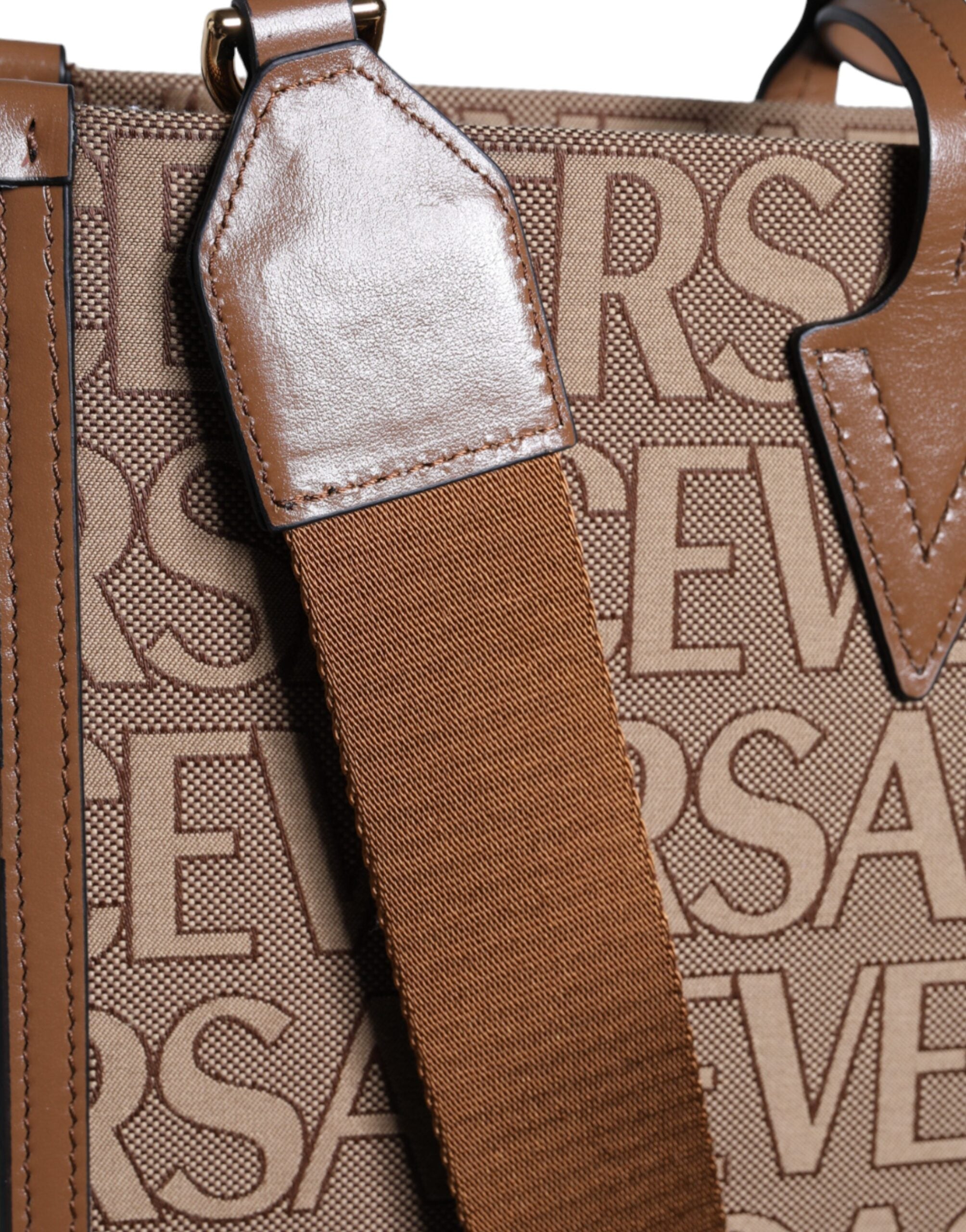 Brown Versace Jacquard leather crossbody tote bag with top handle and logo detailing.