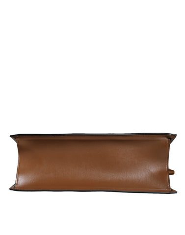 Brown Versace top handle jacquard leather crossbody tote bag with logo, featuring a spacious design and elegant style.