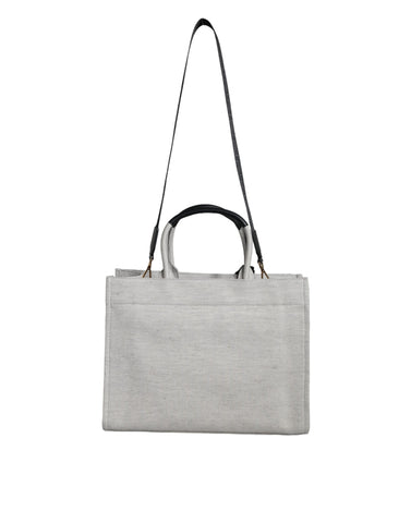 Versace white leather and canvas crossbody tote bag with top handle and logo detail, stylish and spacious for everyday use.