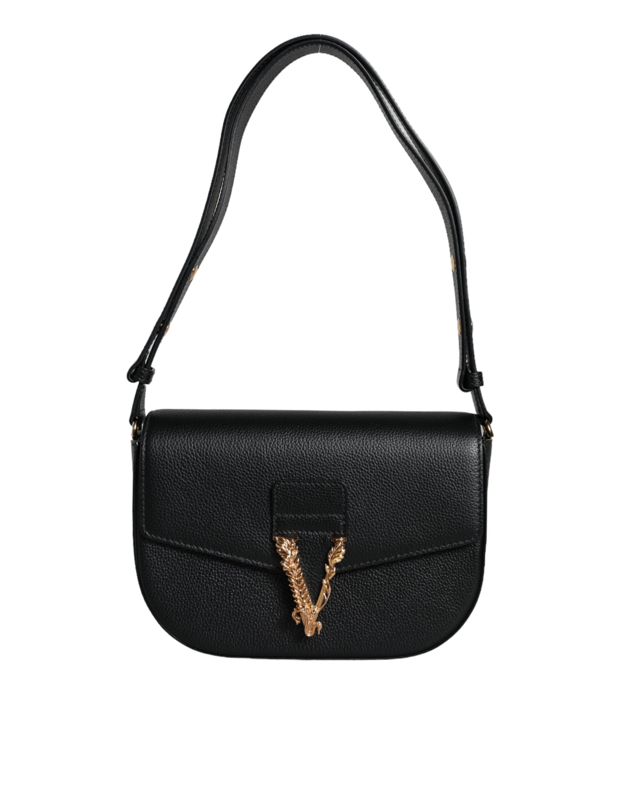 Black grainy calf leather Versace logo crossbody shoulder bag with adjustable strap and sleek design.