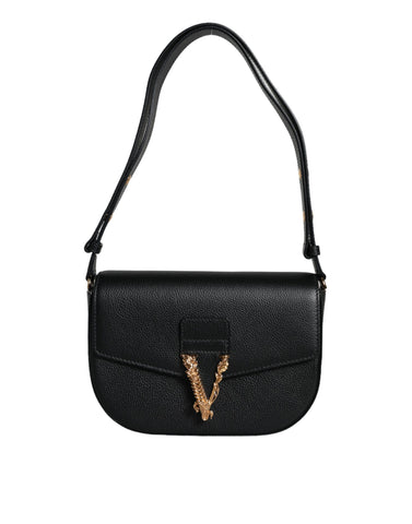 Black grainy calf leather Versace logo crossbody shoulder bag with adjustable strap and sleek design.