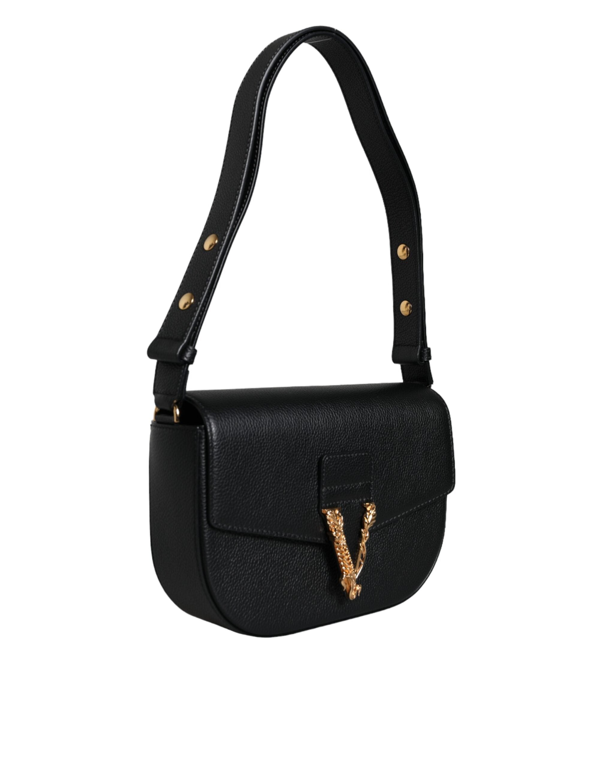 Black grainy calf leather Versace crossbody shoulder bag with logo detail, featuring a sleek, compact design and adjustable strap.