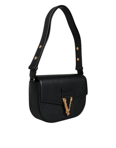 Black grainy calf leather Versace crossbody shoulder bag with logo detail, featuring a sleek, compact design and adjustable strap.