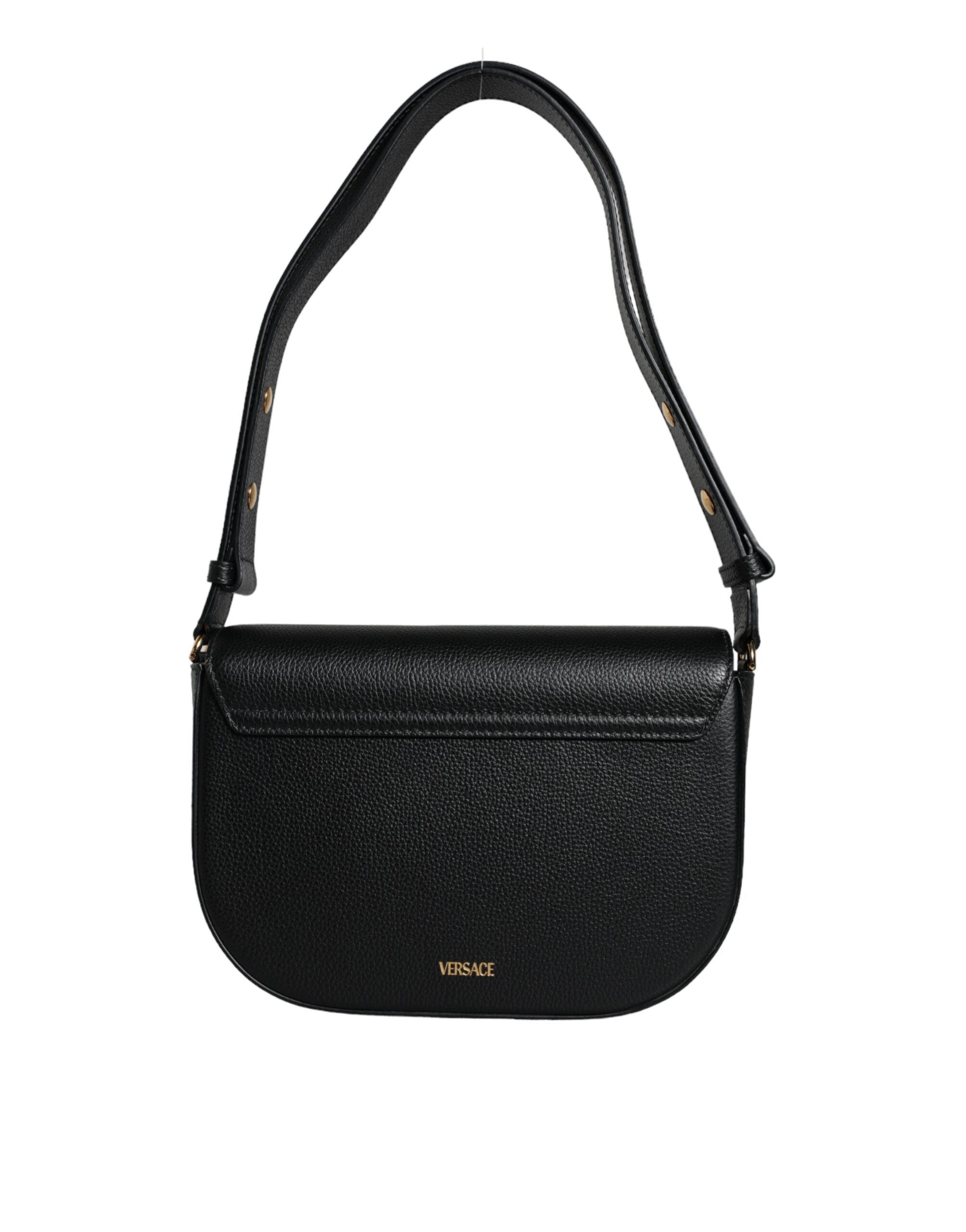 Black grainy calf leather Versace logo crossbody shoulder bag with adjustable strap and sleek design.