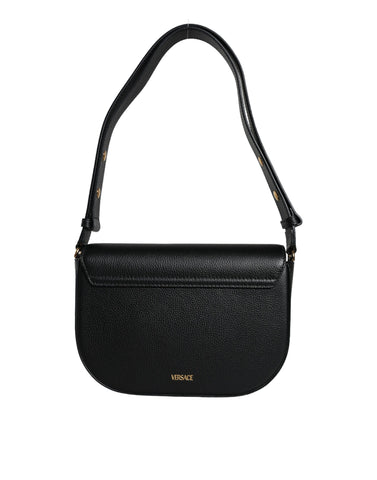 Black grainy calf leather Versace logo crossbody shoulder bag with adjustable strap and sleek design.