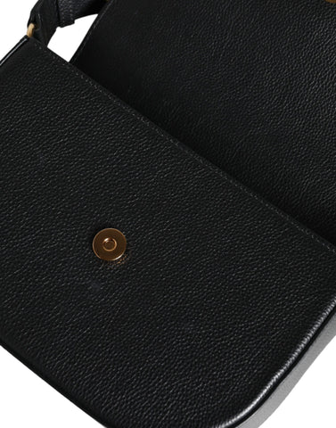 Versace black grainy calf leather crossbody shoulder bag with logo detail, stylish and compact for everyday use.