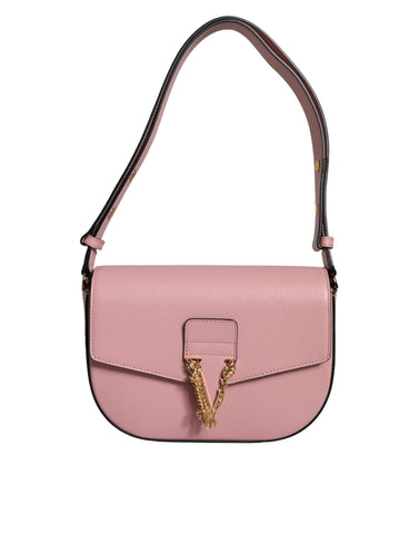 Pink grainy calf leather Versace crossbody shoulder bag with logo detail and adjustable strap.