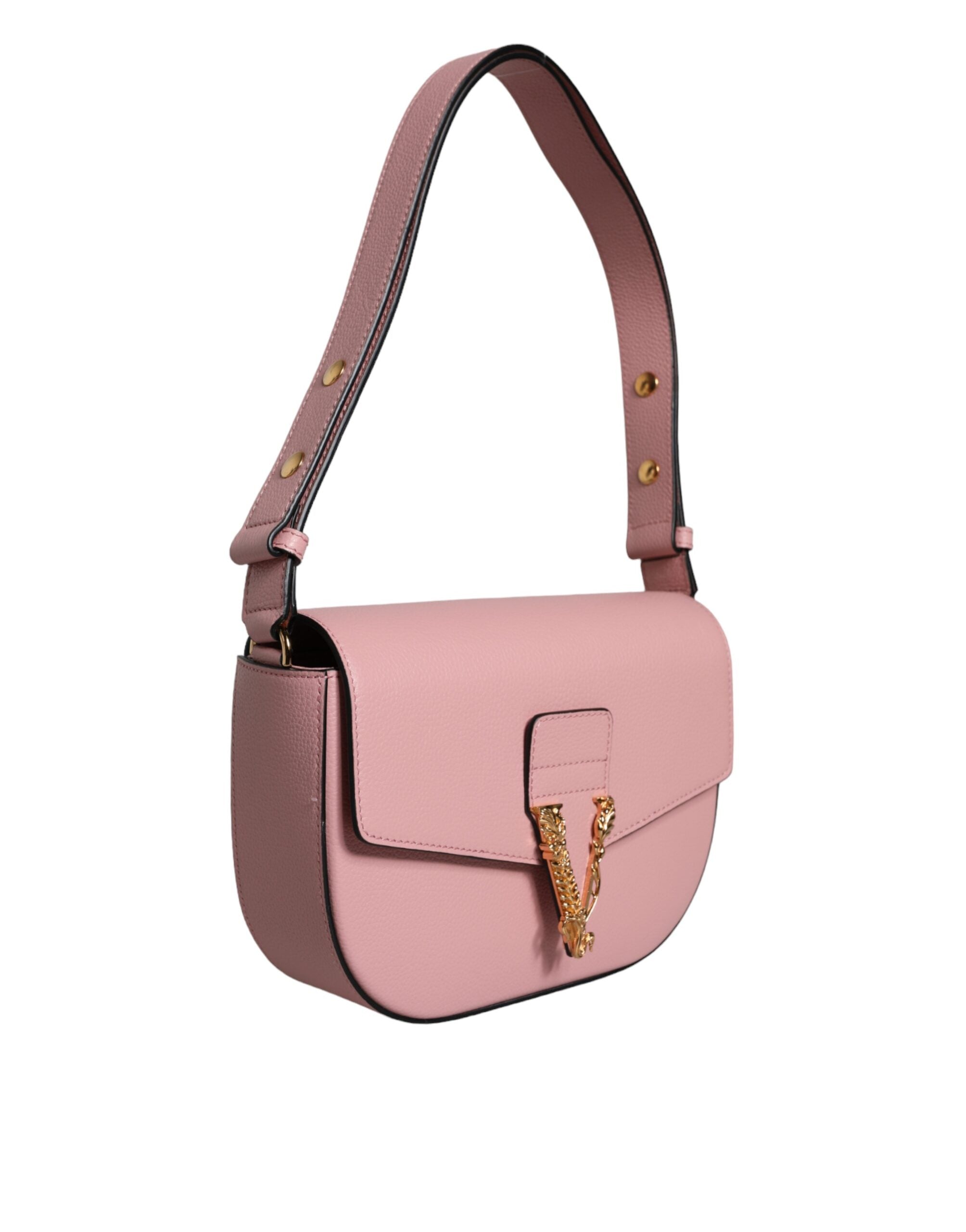 Pink grainy calf leather Versace crossbody shoulder bag with logo detail, compact design, and adjustable strap.