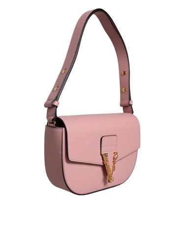 Pink grainy calf leather Versace crossbody shoulder bag with logo detail, compact design, and adjustable strap.