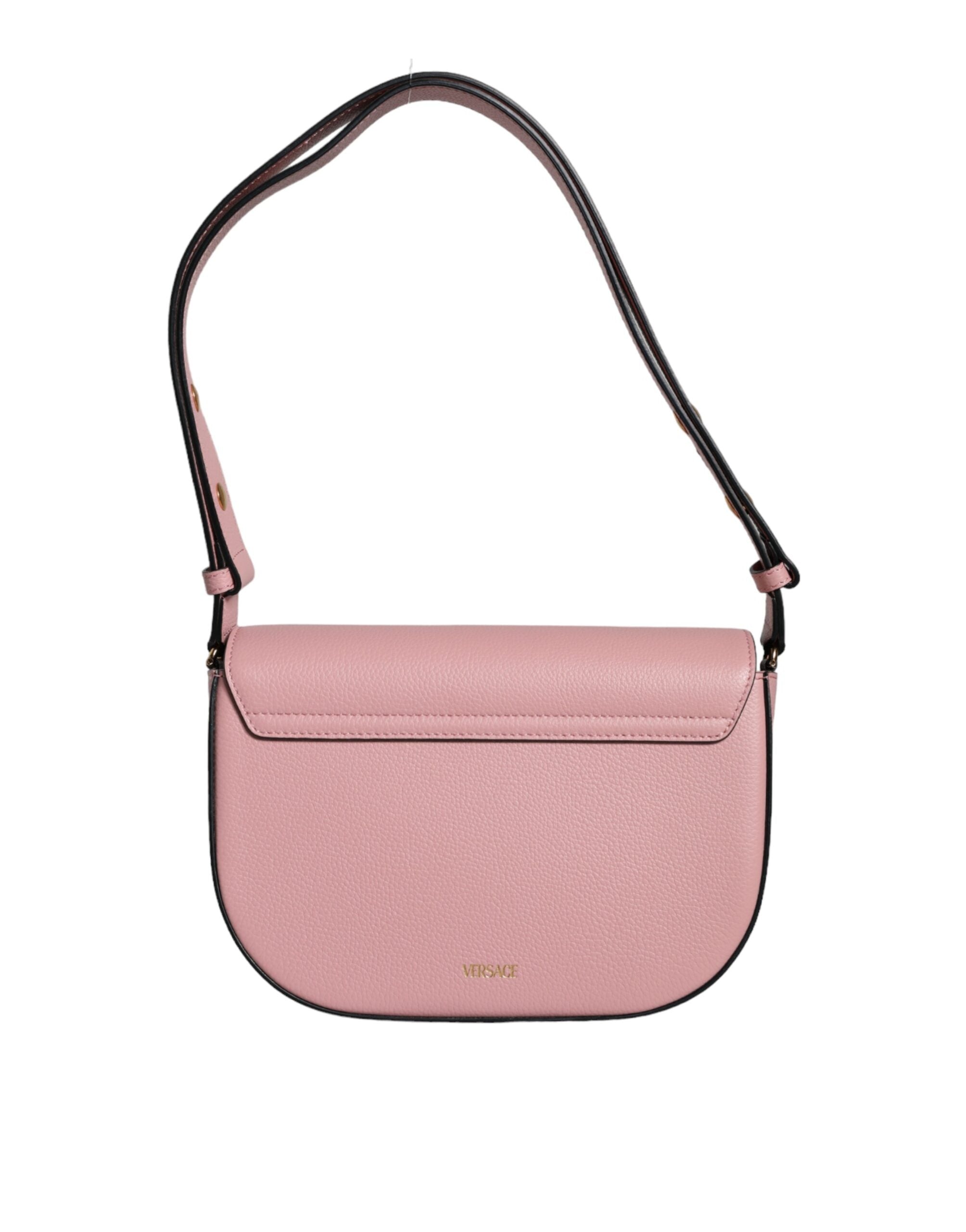 Pink grainy calf leather Versace crossbody shoulder bag with logo detail, stylish and compact for everyday use.