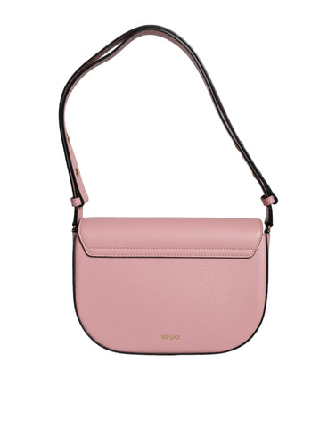 Pink grainy calf leather Versace crossbody shoulder bag with logo detail, stylish and compact for everyday use.