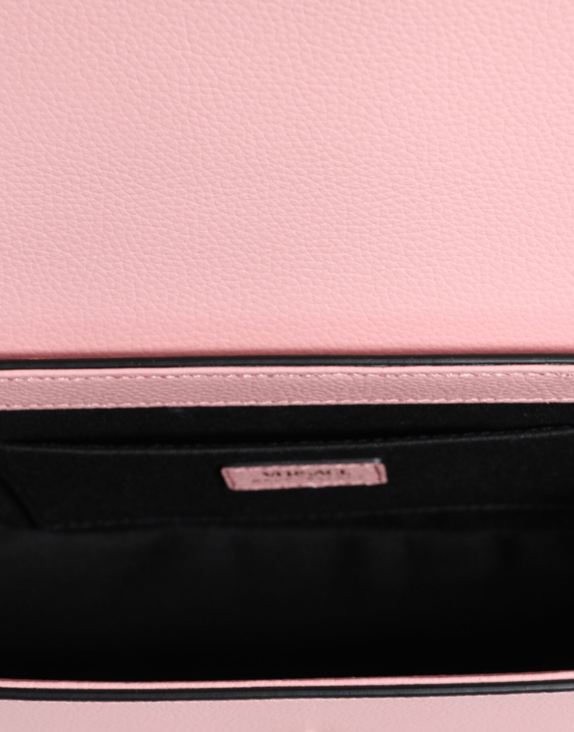 Pink grainy calf leather Versace logo crossbody shoulder bag with adjustable strap and silver hardware.