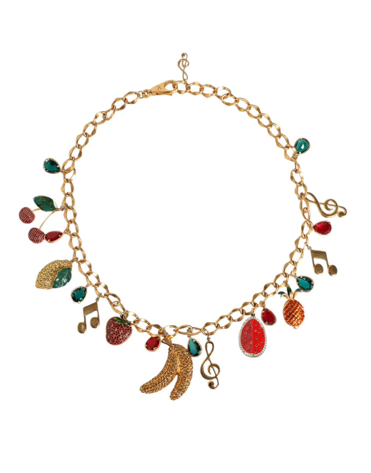 Gold tone brass waist chain belt with fruity crystal embellishments, Dolce & Gabbana luxury jewelry accessory.