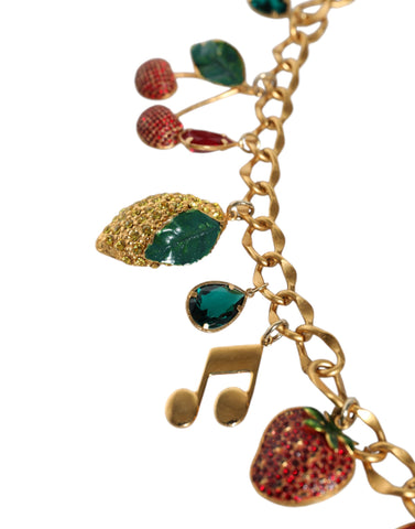 Gold tone brass waist chain belt with fruity crystal embellishments, designed by Dolce & Gabbana.