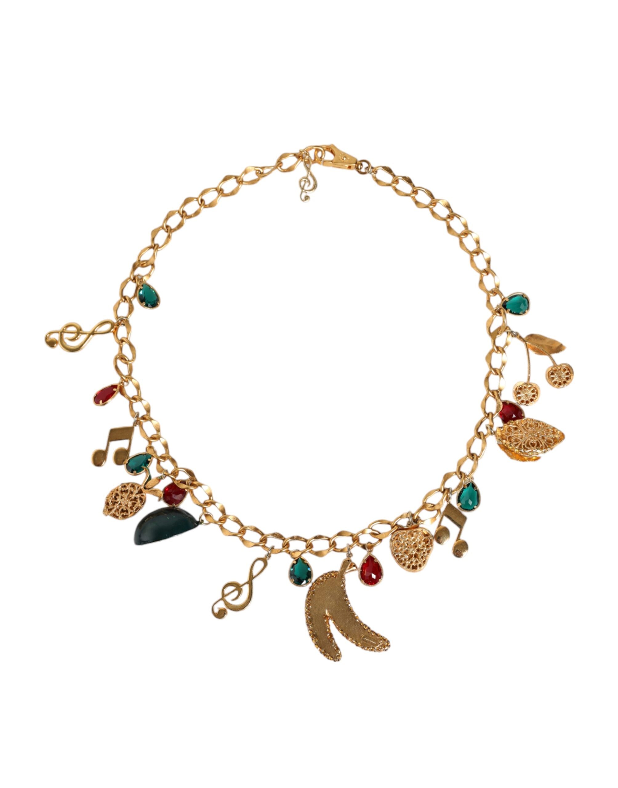 Gold tone brass waist chain belt with fruity crystal embellishments, designed by Dolce & Gabbana.
