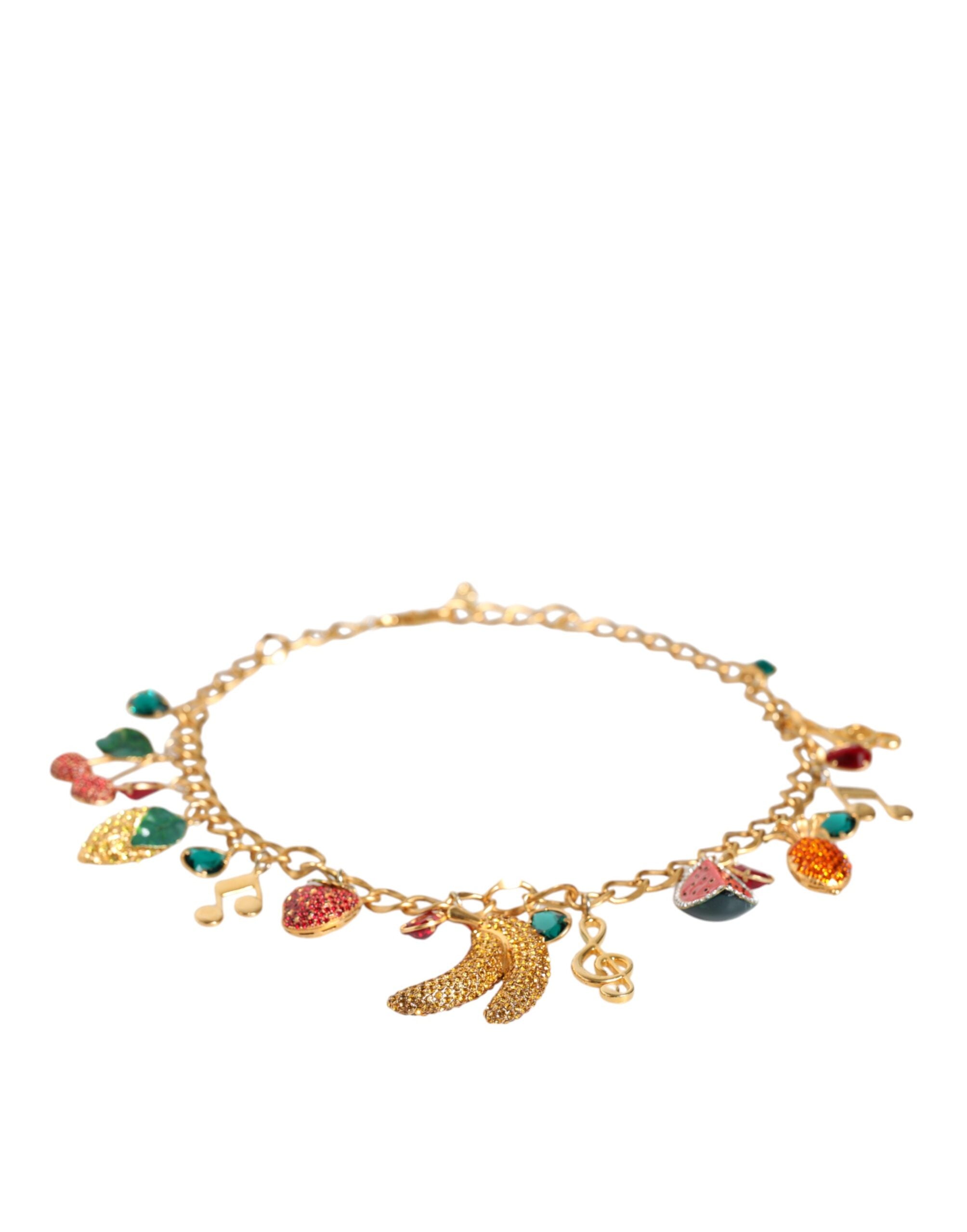 Gold tone brass waist chain belt with fruity crystal embellishments, designed by Dolce & Gabbana.