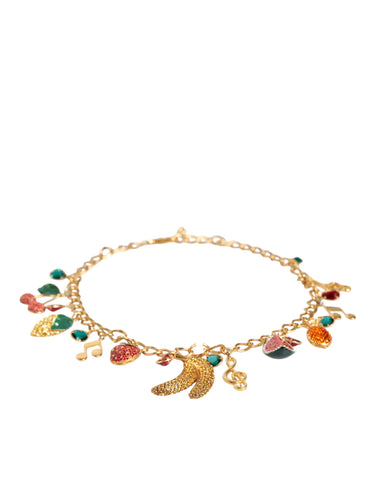 Gold tone brass waist chain belt with fruity crystal embellishments, designed by Dolce & Gabbana.