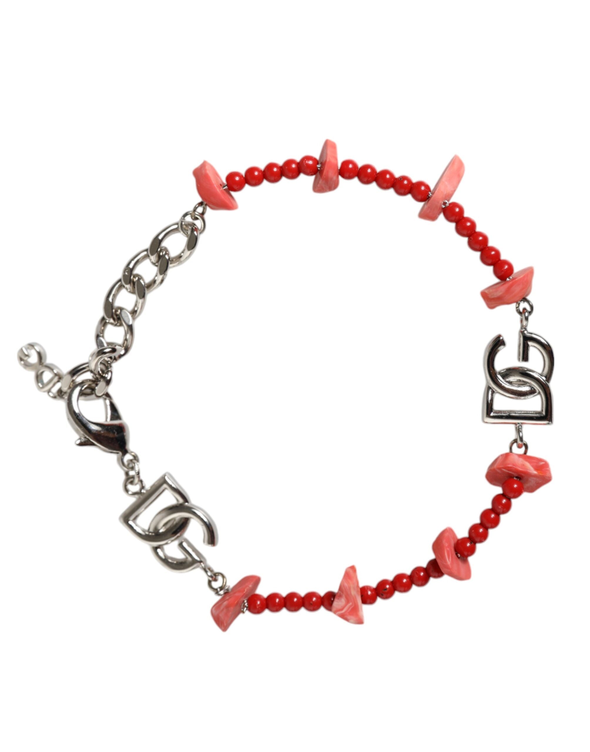 Silver tone brass beaded resin chain bracelet with DG logo from Dolce & Gabbana, featuring a stylish beaded design and logo detail.