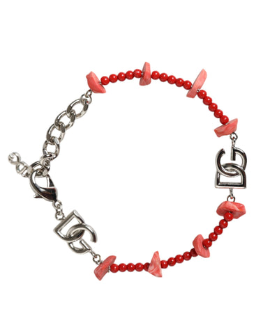 Silver tone brass beaded resin chain bracelet featuring Dolce & Gabbana DG logo detail, stylish jewelry accessory.