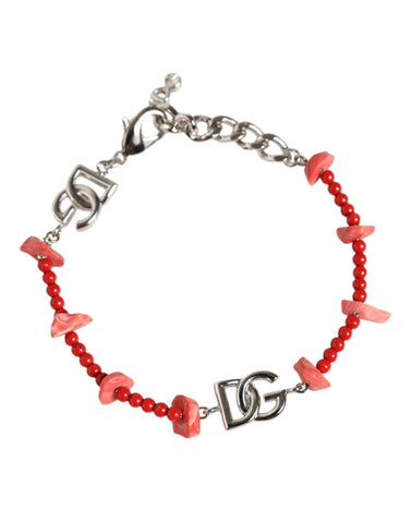 Silver tone brass beaded resin chain bracelet with DG logo, stylish accessory by Dolce & Gabbana, featuring intricate beaded detailing.
