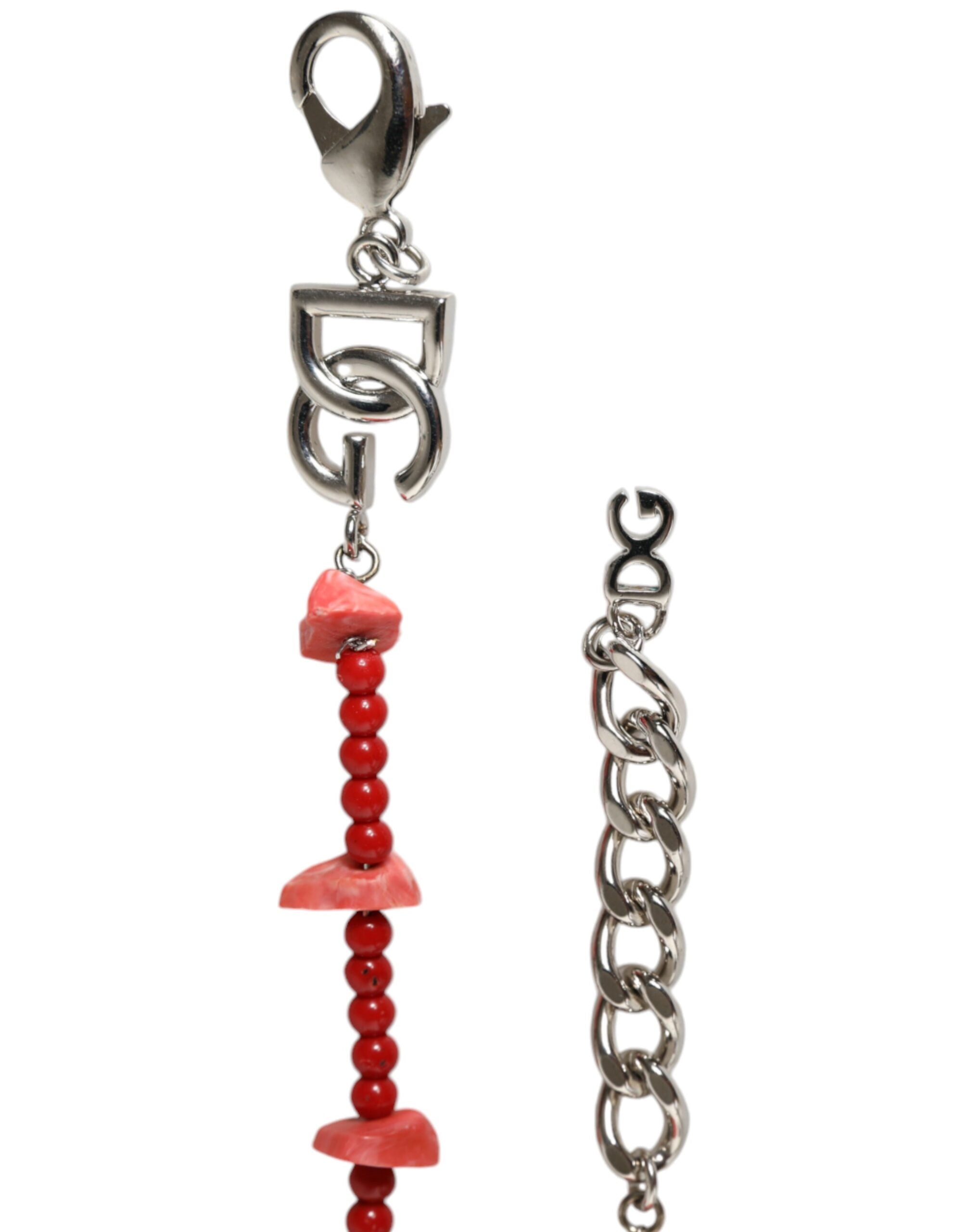 Silver tone brass beaded resin DG logo chain bracelet by Dolce & Gabbana with beaded detailing and logo pendant.