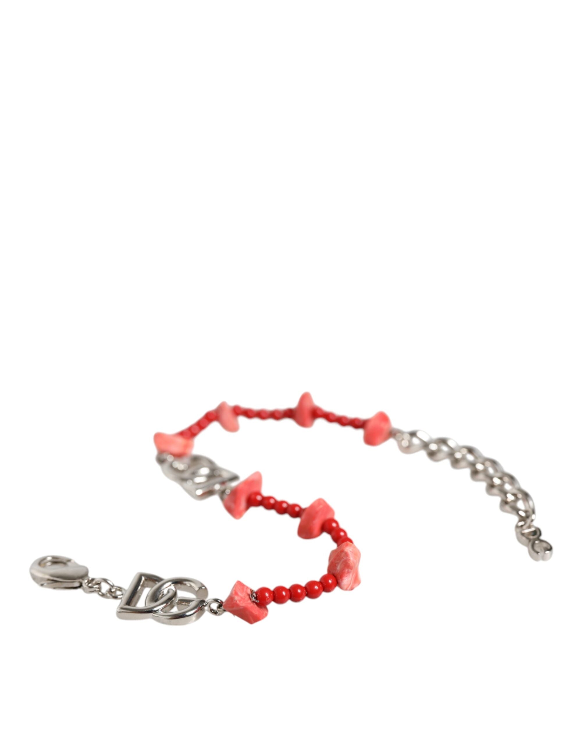 Silver tone brass beaded resin chain bracelet with DG logo from Dolce & Gabbana, featuring a stylish beaded design and logo charm.